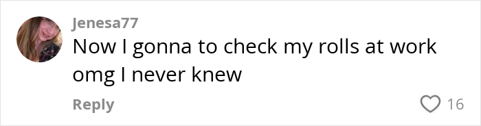Comment on social media post about toilet paper danger in public bathrooms, expressing surprise about checking toilet paper rolls at work.