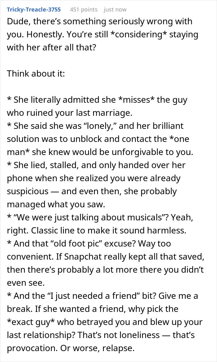Text post discussing a guy&rsquo;s pain after finding out his ex-wife cheated with his best man and fears for his girlfriend.