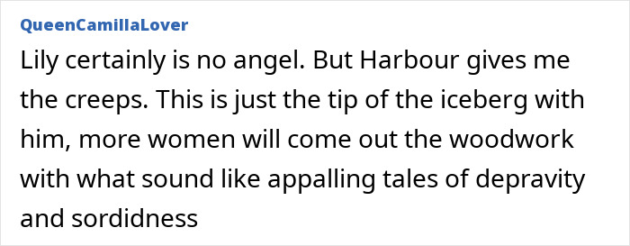 Comment expressing concern over David Harbour with references to accusations and replies involving Lily Allen.