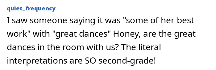 Text comment on a white background discussing the interpretation of great dances in the context of Taylor Swift's music video.