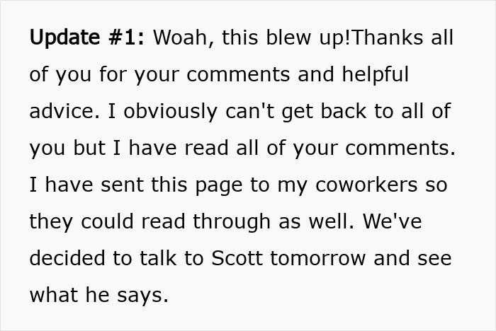 Update text describing coworkers realizing they were scammed attending superior&rsquo;s wife&rsquo;s paid show, discussing next steps.