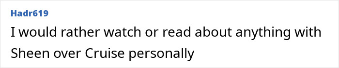 Comment text discussing preference for Sheen news over Cruise, referencing Emilio Estevez, Charlie Sheen, and Tom Cruise updates. Comment text discussing preference for Sheen news over Cruise, referencing Emilio Estevez, Charlie Sheen, and Tom Cruise updates.