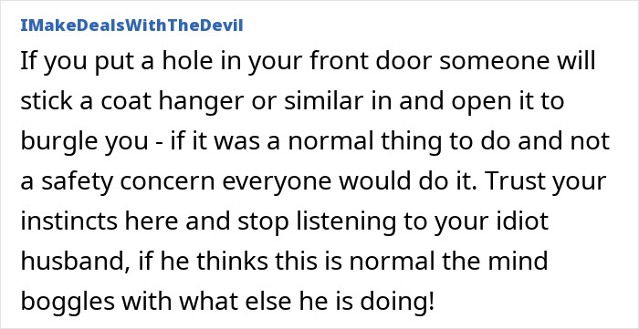 Screenshot of a comment warning against installing a cat flap due to safety concerns and suspicion about a pet fox.