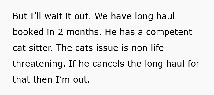 Text on a white background about waiting out a long haul trip with a competent cat sitter and cats' non-life-threatening issue.