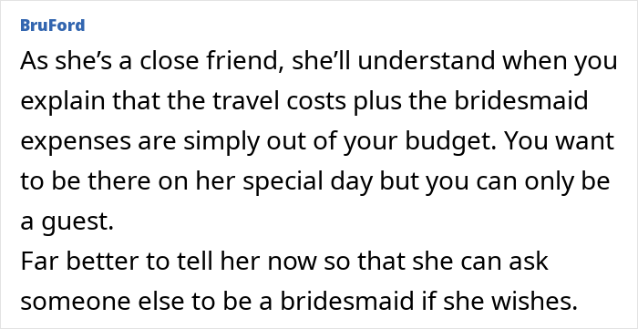 Woman upset after bride-to-be asks her to pay for her own bridesmaid dress, highlighting bridesmaid dress expenses dilemma