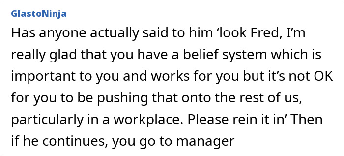 Screenshot of a forum comment discussing a religious man pushing beliefs onto coworkers, making work life difficult.