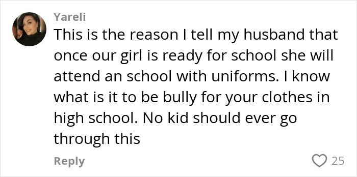 Comment from mom venting about daughter being bullied for her clothes and the support from several clothing brands