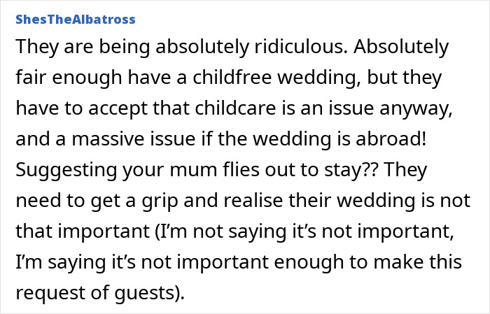 Comment about couple canceling plans to travel 8 hours and spend £11k on a sibling-in-law's child-free wedding. Comment about couple canceling plans to travel 8 hours and spend £11k on a sibling-in-law's child-free wedding.