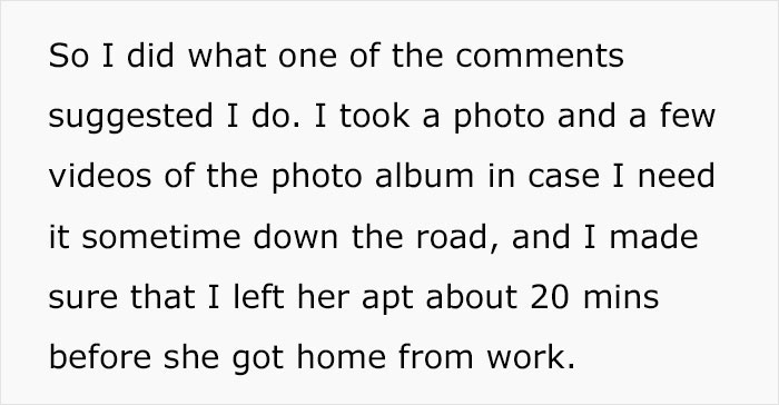 Text excerpt describing a guy photographing a photo album secretly taken by his girlfriend after 5 weeks of dating.
