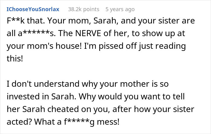 Screenshot of an angry Reddit comment reacting to a mom's attempt to reconcile her son and his ex-fianc&eacute; online.