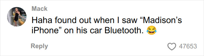 Comment on social media showing a woman discovering boyfriend cheating in a strange way, with emojis and likes.