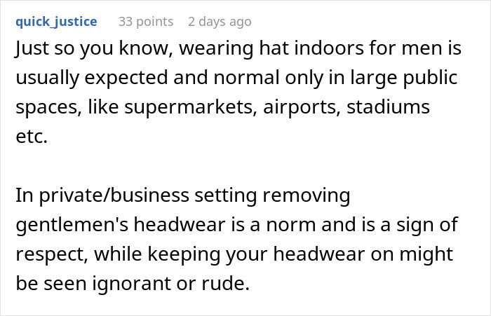 Screenshot of an online comment discussing social norms about wearing hats indoors in public and business settings.