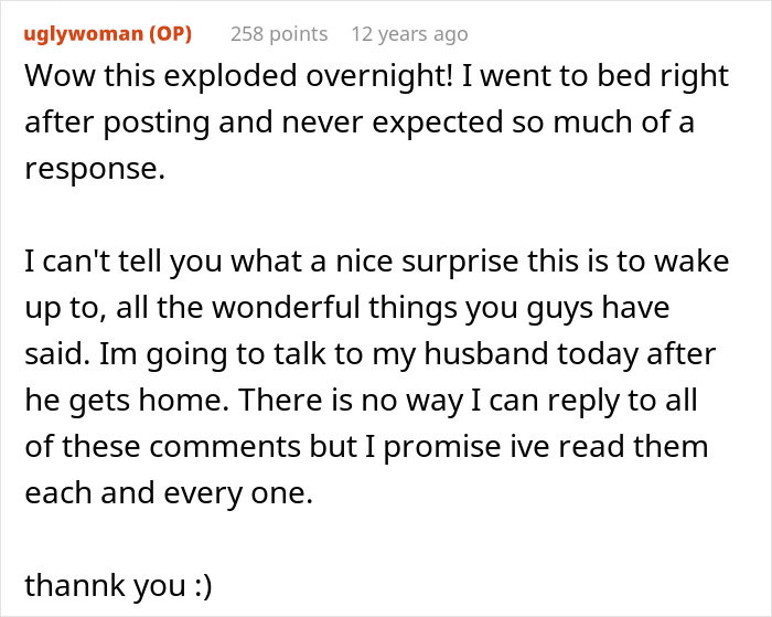 Text post from user uglywoman expressing surprise at the response and planning to talk to husband about being an ugly woman.