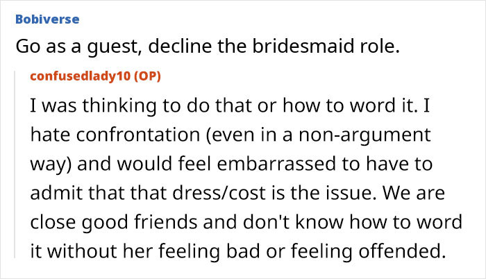 Screenshot of an online forum post where a woman is upset about bridesmaid dress costs requested by bride-to-be.