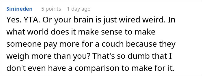 Screenshot of an online comment debating if a heavier roommate should pay more than half for a new couch.