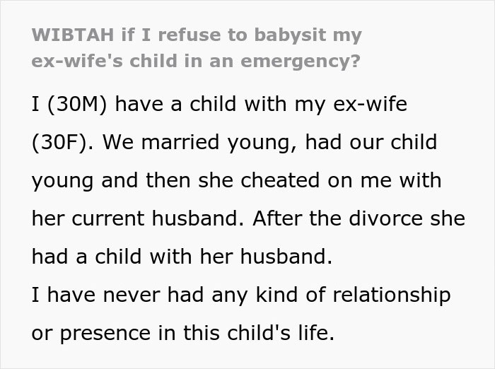 Man shares dilemma about babysitting ex-wife&rsquo;s child after she left him for another man.