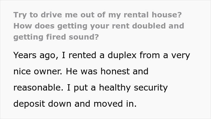 Text excerpt describing a tenant&rsquo;s experience with an on-site landlord who acted awful and rent was doubled.