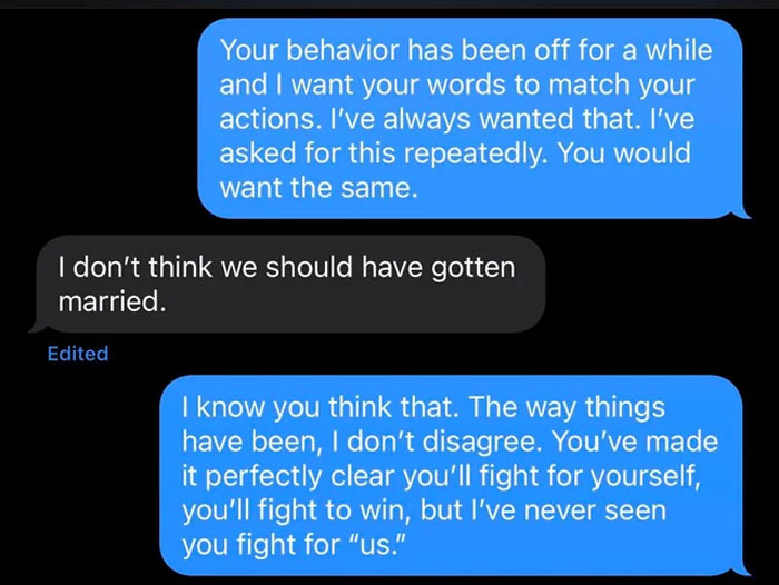 Text message conversation showing a woman confronting her husband about their troubled marriage after his disturbing confession.