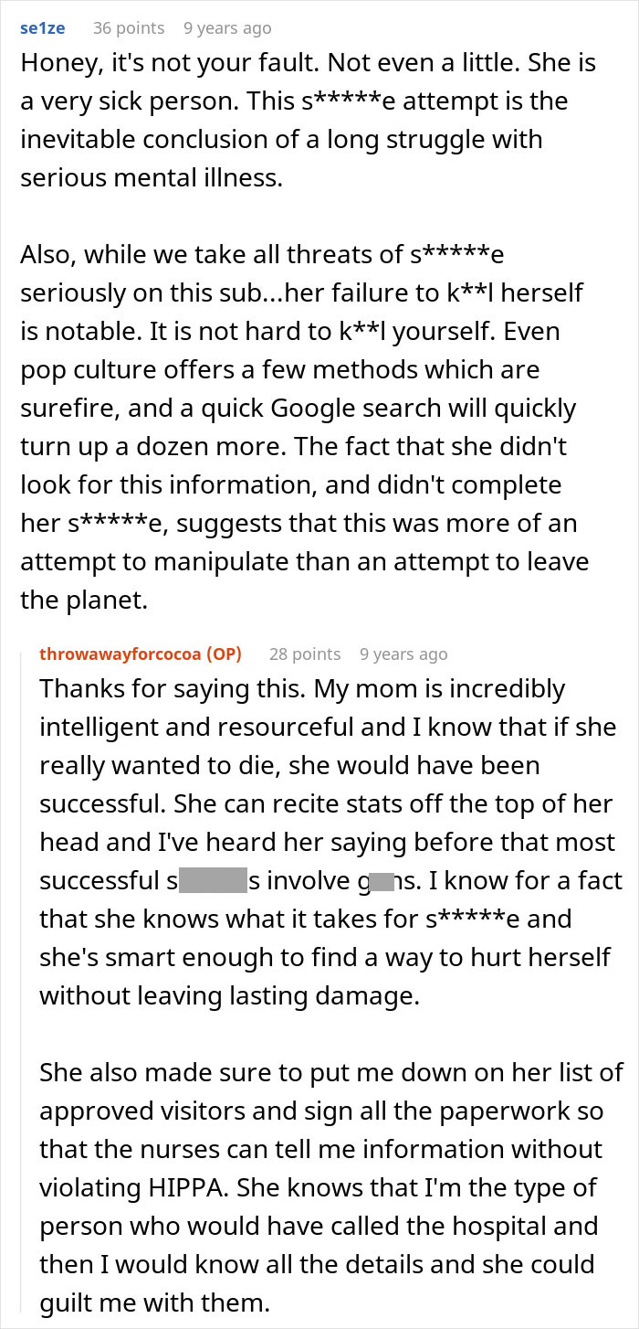 Reddit conversation discussing a daughter&rsquo;s mental illness and parents lied about food allergies causing no contact.