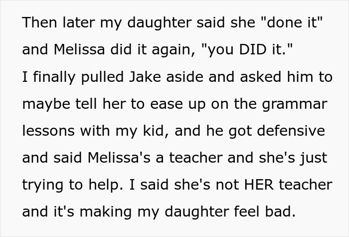 Text excerpt showing a family conflict about grammar lessons causing tension with man’s girlfriend after Thanksgiving. Text excerpt showing a family conflict about grammar lessons causing tension with man’s girlfriend after Thanksgiving.
