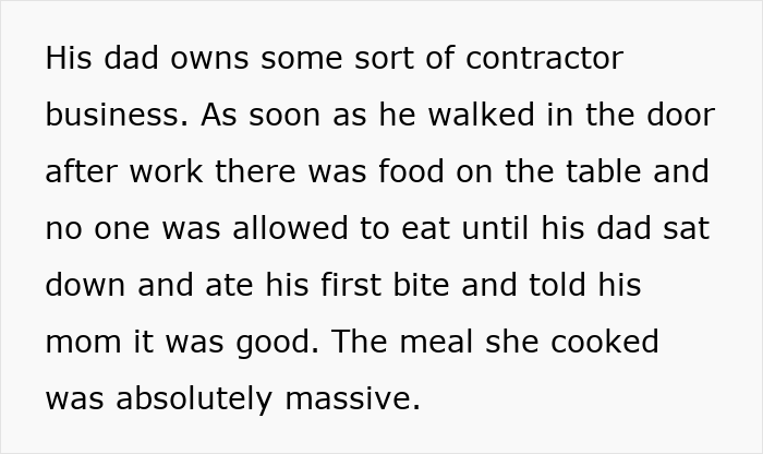 Text excerpt discussing a family dinner where the boyfriend&rsquo;s dad owns a contractor business and enforces meal expectations.