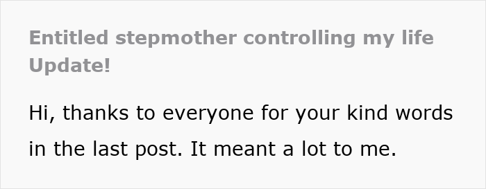 Text post about a stepmother control affecting family relationship with a message of gratitude for support. Text post about a stepmother control affecting family relationship with a message of gratitude for support.