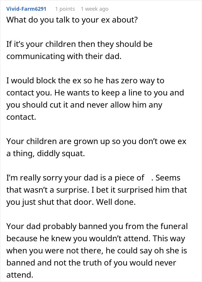 Screenshot of an online comment discussing blocking ex and communication issues in a divorce involving a cheating ex.