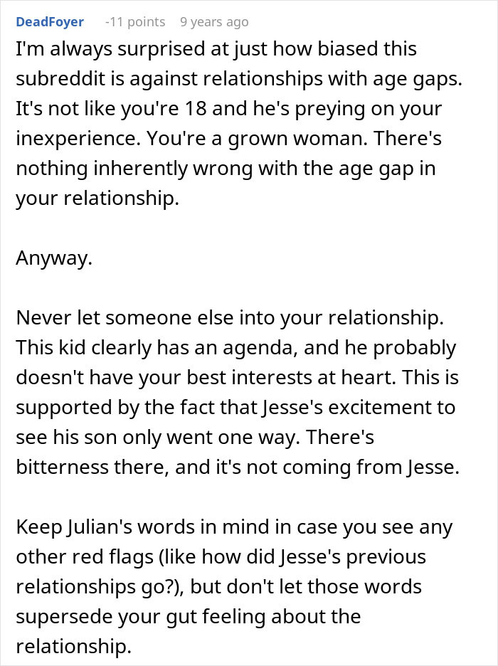 Reddit post discussing a woman bumping into her boyfriend&rsquo;s grown son and a wake-up call in relationships with age gaps.