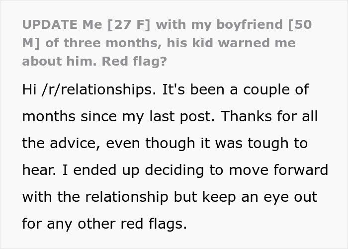 Text post about woman bumping into boyfriend&rsquo;s grown son, receiving a wake-up call and noticing relationship red flags.