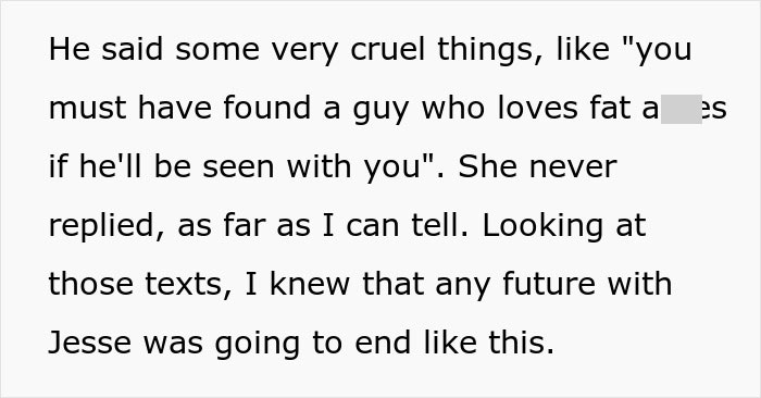 Text excerpt from a woman&rsquo;s message describing a harsh encounter with her boyfriend&rsquo;s grown son and its impact on their relationship.