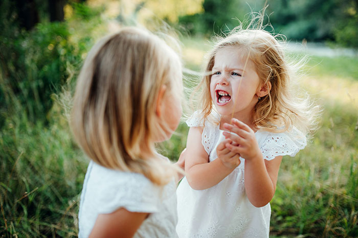 Two young girls outside, one upset and shouting at the other, illustrating conflict and a petty sister causing turmoil. Two young girls outside, one upset and shouting at the other, illustrating conflict and a petty sister causing turmoil.