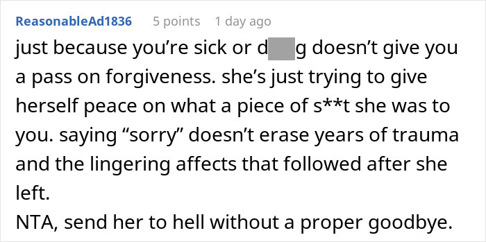 Comment discussing forgiveness and trauma after a mom tells daughter she wishes she was never born.