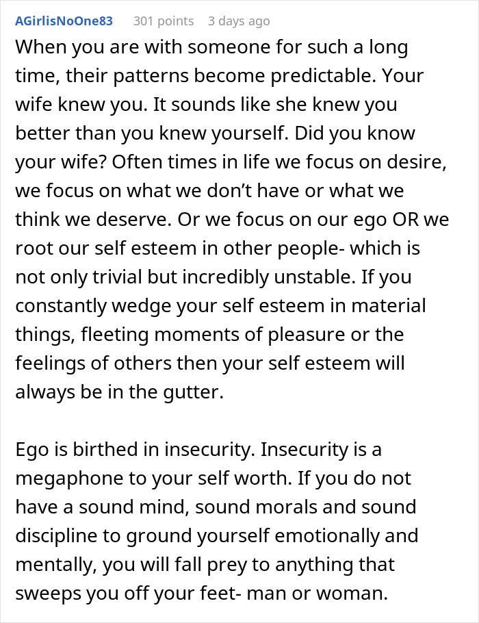 Comment explaining how insecurity and ego affect self esteem and relationships, related to leaving wife for younger woman.