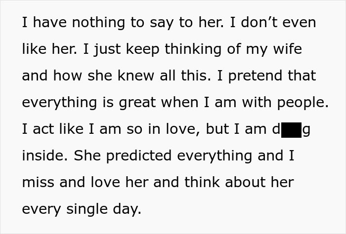 Text excerpt showing a man reflecting on leaving his wife for a younger woman and realizing the emotional pain he endures.