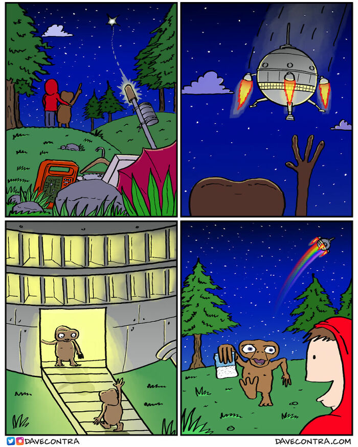 Comic panels depicting a dark and twisted story with aliens and nighttime forest scenes in a surreal comic style.