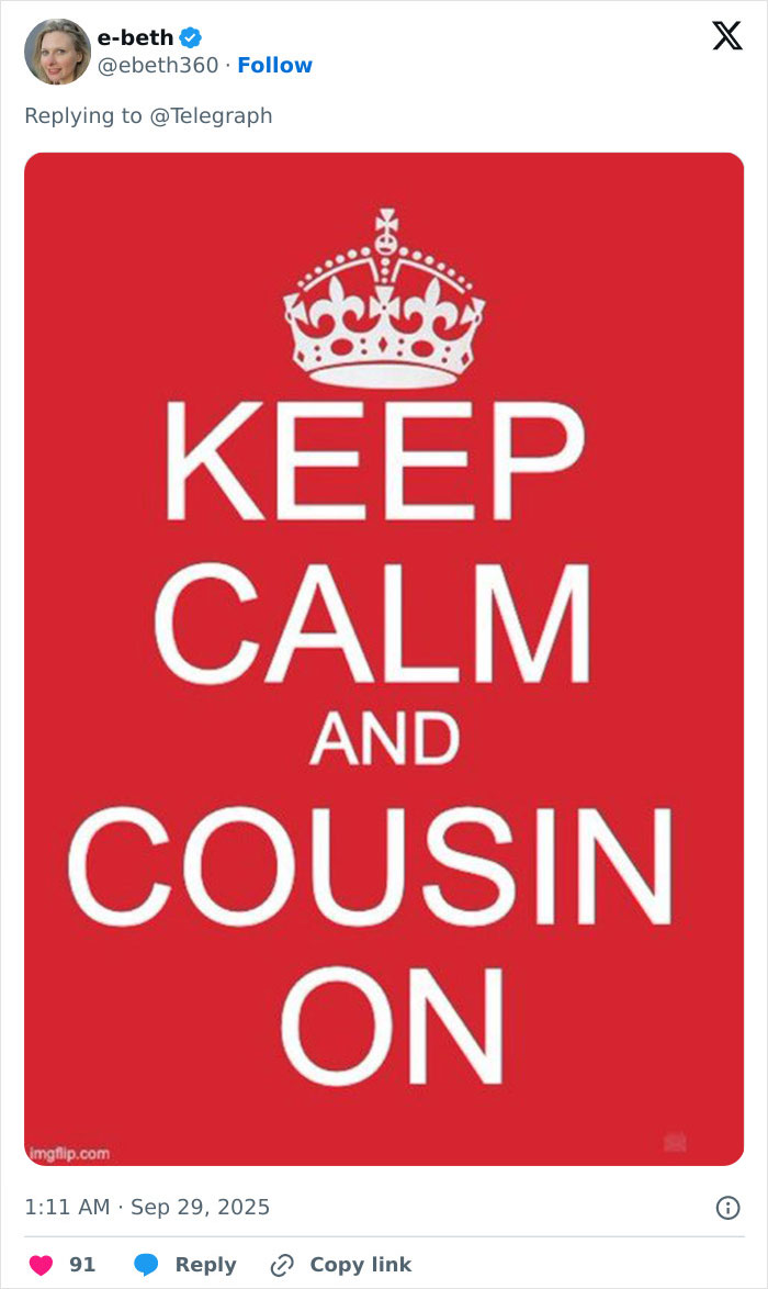Red Keep Calm poster style image with text referencing cousin marriage and UK health guidance controversy.
