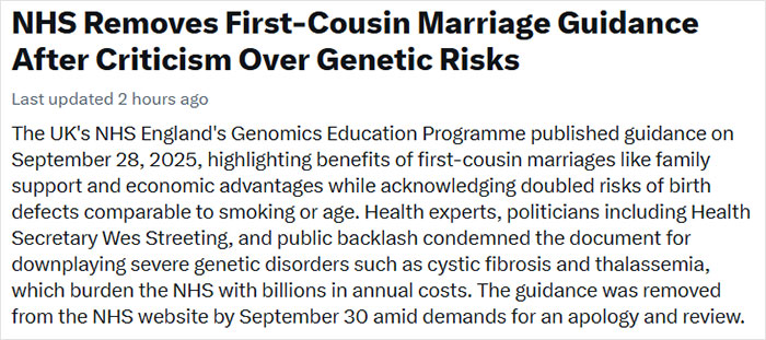 NHS removes cousin marriage guidance after backlash over genetic risks and listed benefits in UK health advice document.