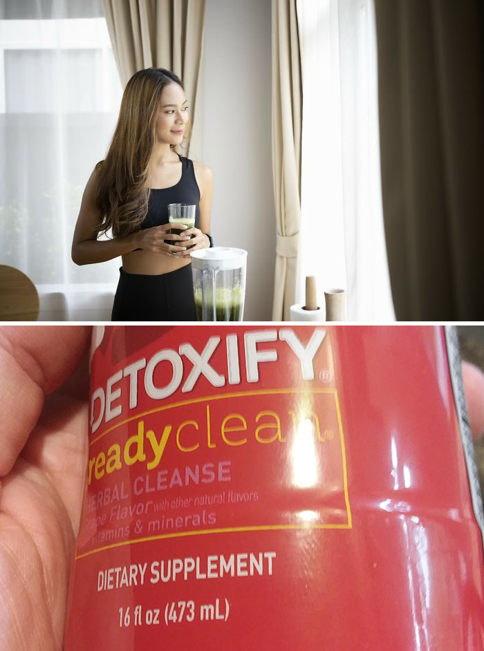 Woman in workout clothes holding a green detox drink next to a blender with healthy habits and detox supplements nearby