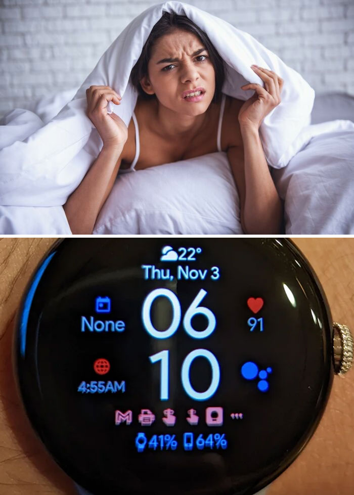 Frustrated woman in bed under a blanket and a smartwatch displaying time and health tracking stats.