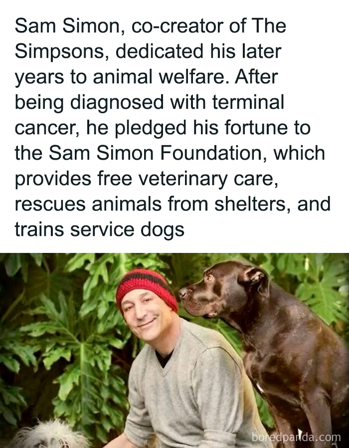 Text about Sam Simon's animal welfare work with a man and two dogs, relatable TV memes humor with pets theme.