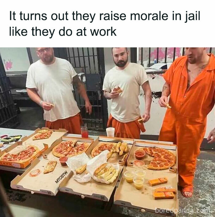 Men in jail uniforms eating pizza and breadsticks, illustrating relatable work memes about morale and breaks.