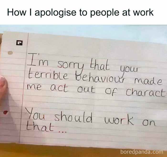 Handwritten note sarcastically apologizing at work, highlighting relatable work memes about difficult coworkers and behavior.