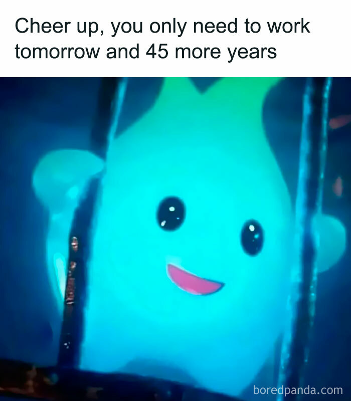 A glowing blue animated character behind bars with text about relatable work memes that hurt and working many years ahead.