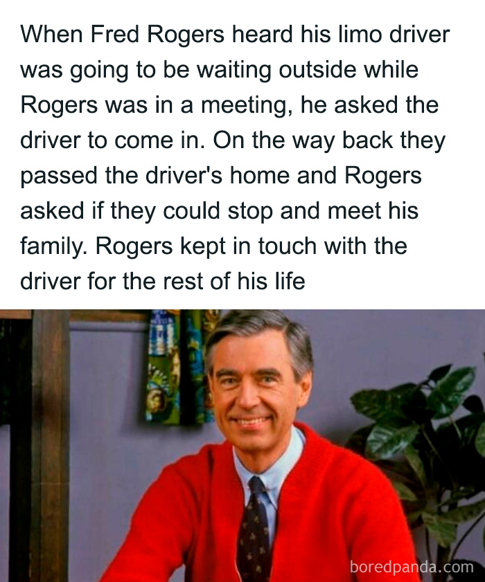 Fred Rogers showing kindness by inviting his limo driver in and meeting his family, a wholesome moment to brighten your feed.