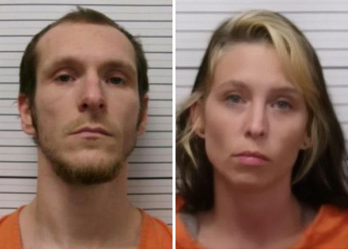 Mugshots of a man and woman in orange prison uniforms related to pit bull attack and father pleading guilty case.