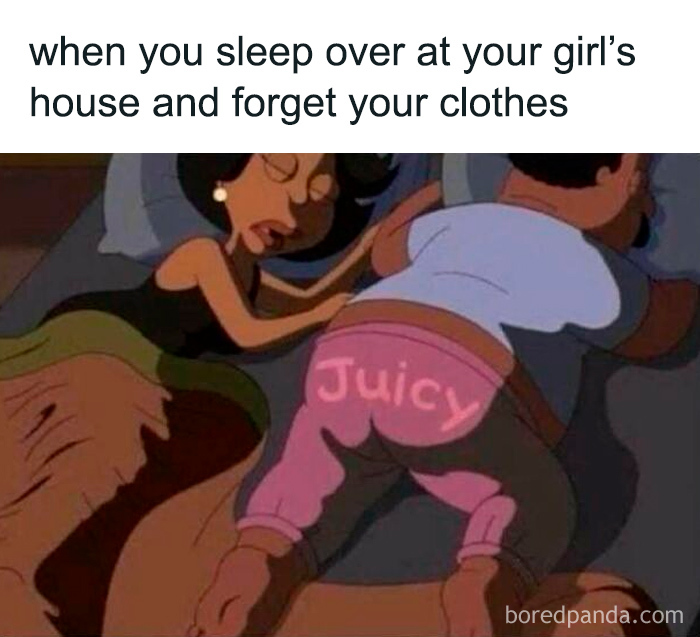 Cartoon scene showing a woman and man sleeping, with a TV meme caption about forgetting clothes in a funny, relatable moment.
