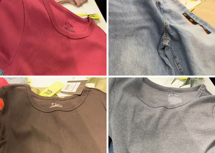 Various clothing items including shirts and jeans laid out, highlighting mom&rsquo;s vent about daughter being bullied for clothes.