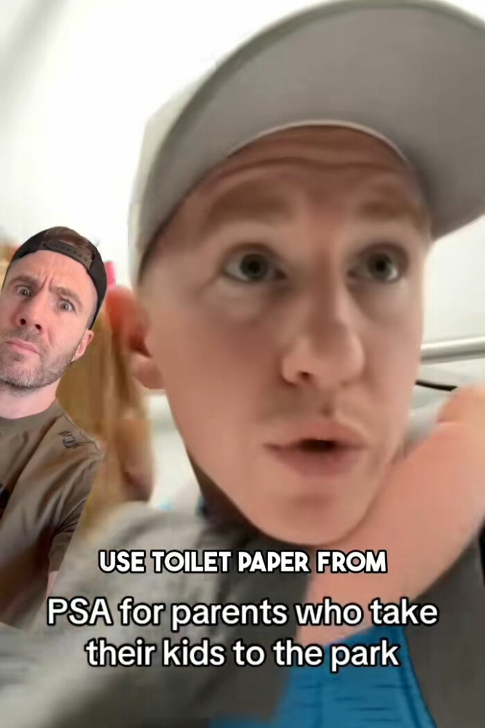 Two men in a public bathroom discussing toilet paper danger revealed by doctor after viral video warning parents.