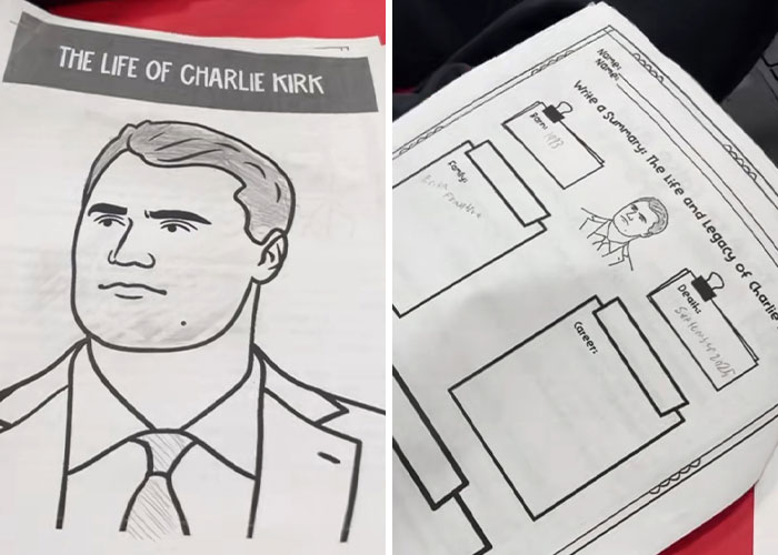 Homework assignment pages featuring a drawing and summary prompts about the life of Charlie Kirk for a 5th grader.