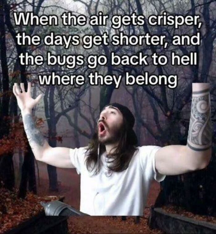 Man with long hair and tattoos in a forest expressing joy about cooler air in funny Thunder Dungeon meme.